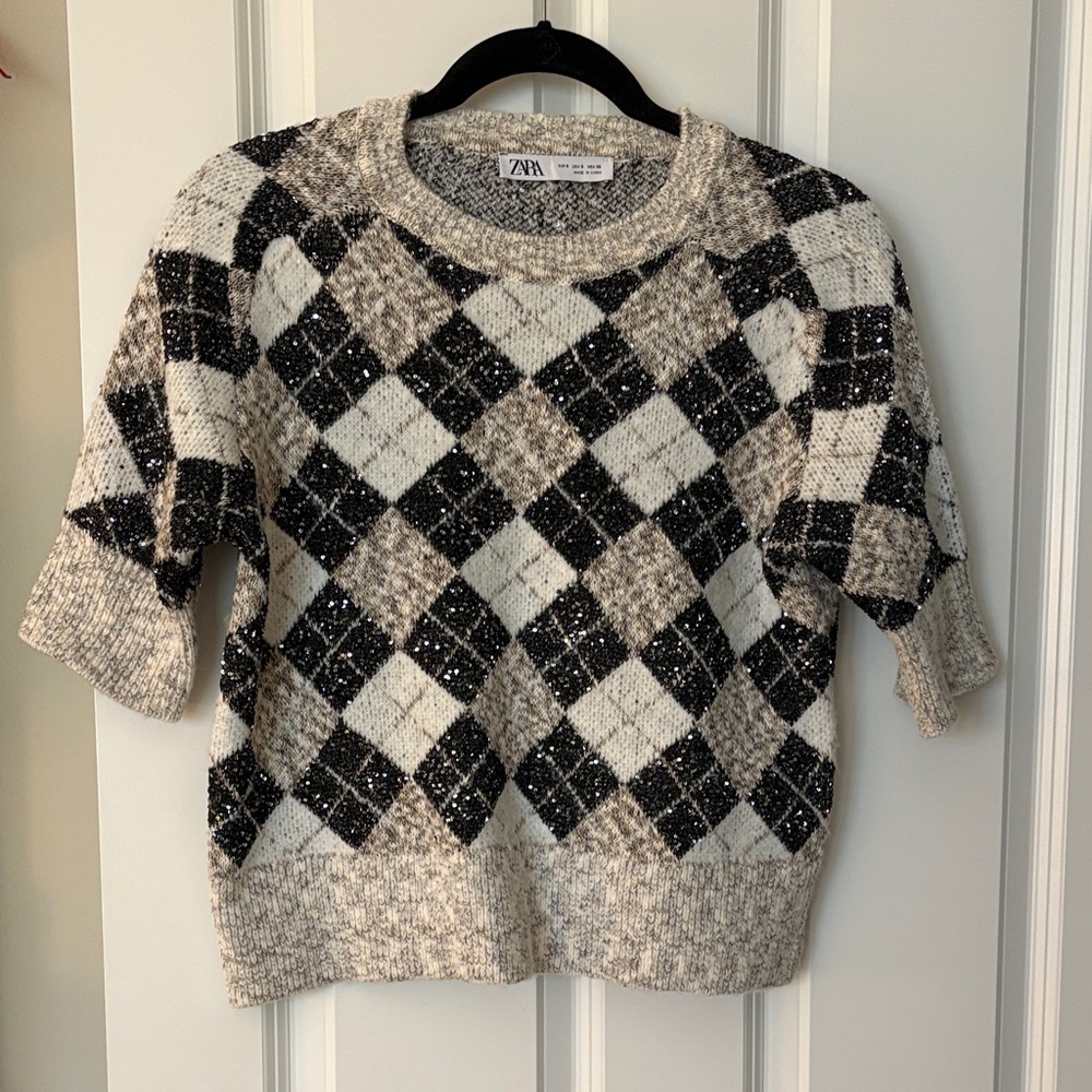 Zara Monochrome Argyle Knit Top